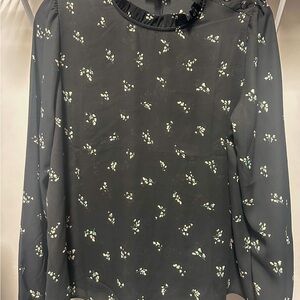 LOFT Black Long Sleeve Ruffle Collar Blouse